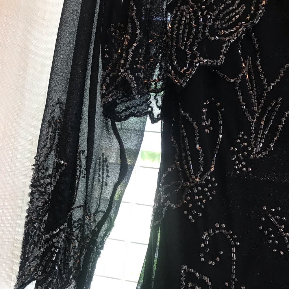 Long navy evening gown with sheer beaded overlay and sheer short jacket - Picture 4 of 8